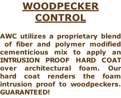 WOODPECKER CONTROL  AWC utilizes a proprietary blend  of fiber and polymer modified cementicious mix to apply an INTRUSION PROOF HARD COAT over architectural foam. Our hard coat renders the foam intrusion proof to woodpeckers. GUARANTEED!